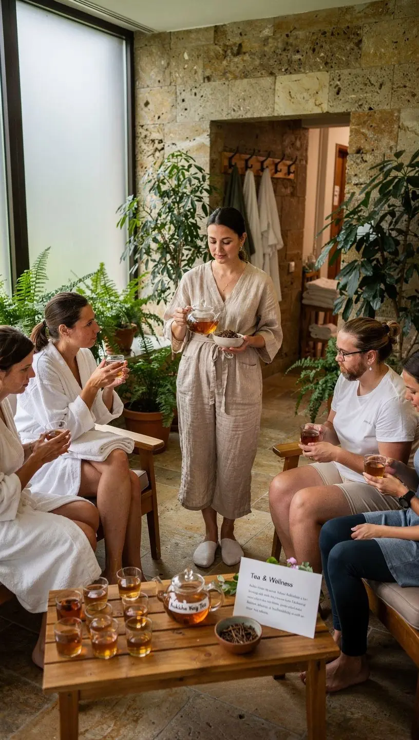 Kukicha tea csésze, mellette egy kanál méz