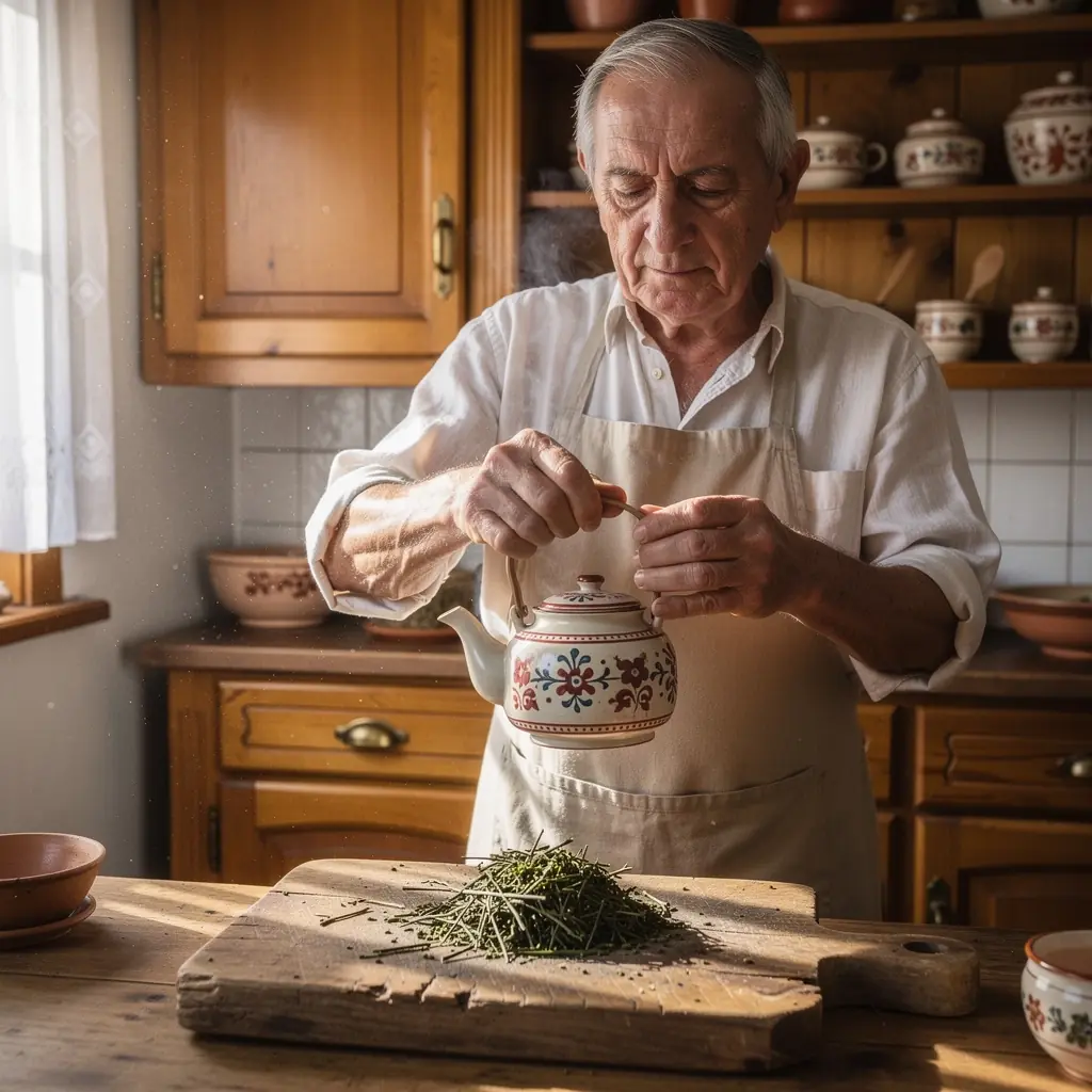 Kukicha tea elkészítése, ahol látható a forró víz és a levelek találkozása.