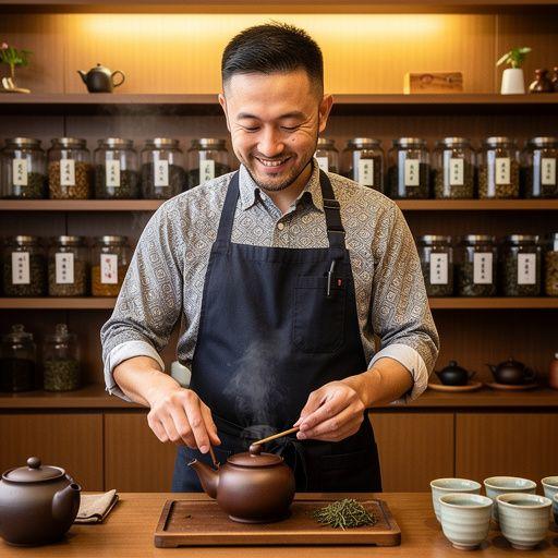 Kukicha tea élvezete egy naplementés teraszon